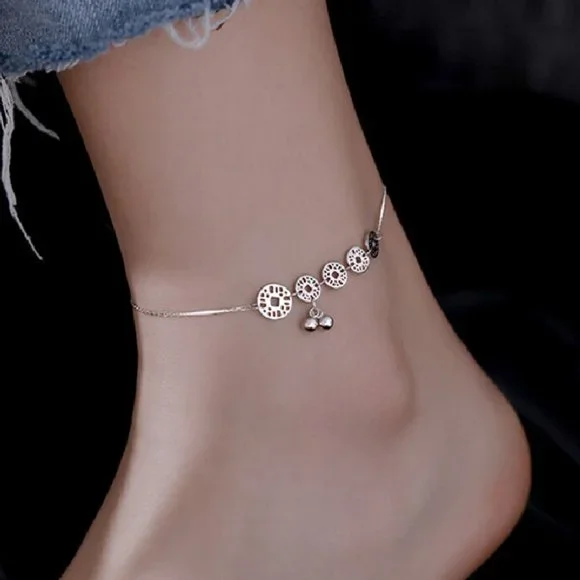 "925 Silver Plated Round Coin Dangle Tassel Anklet, - Picture 1 of 7